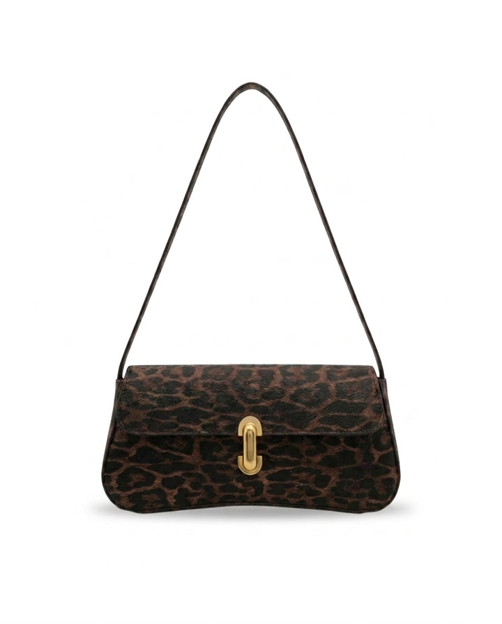 Vintage Leopard Print Baguette Shoulder Bag With Gold Turn Lock
