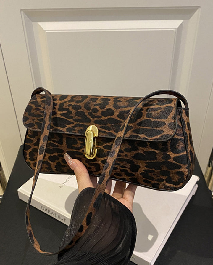 Vintage Leopard Print Baguette Shoulder Bag With Gold Turn Lock