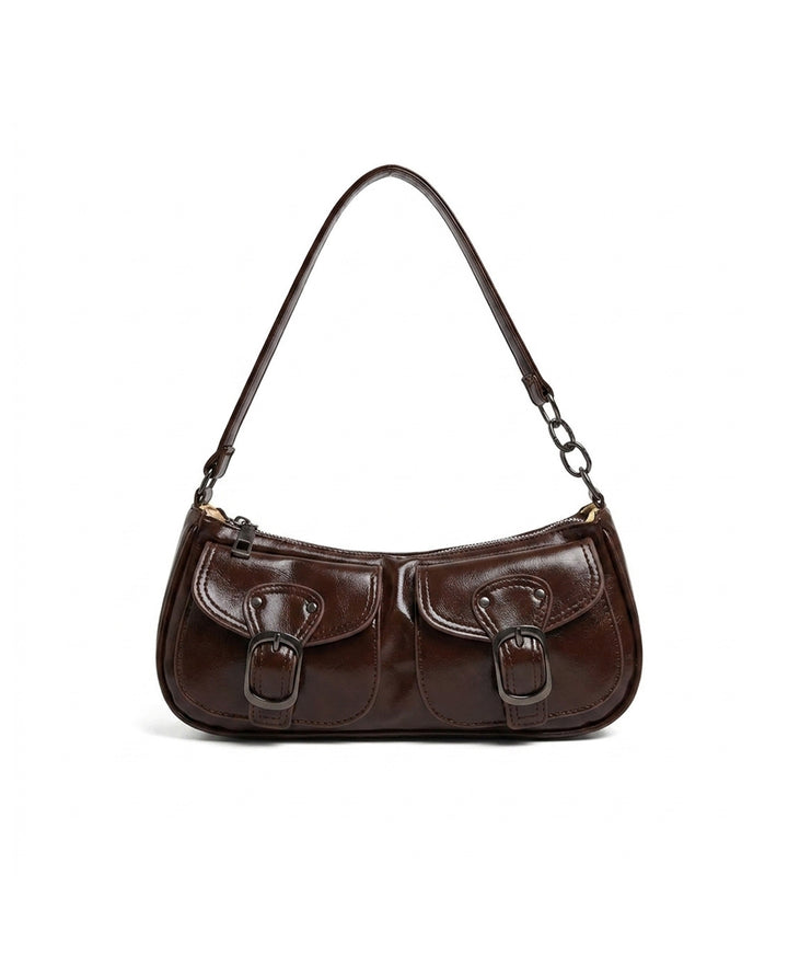 Vintage Brown Faux Leather Baguette Shoulder Bag With Double Buckle Pockets