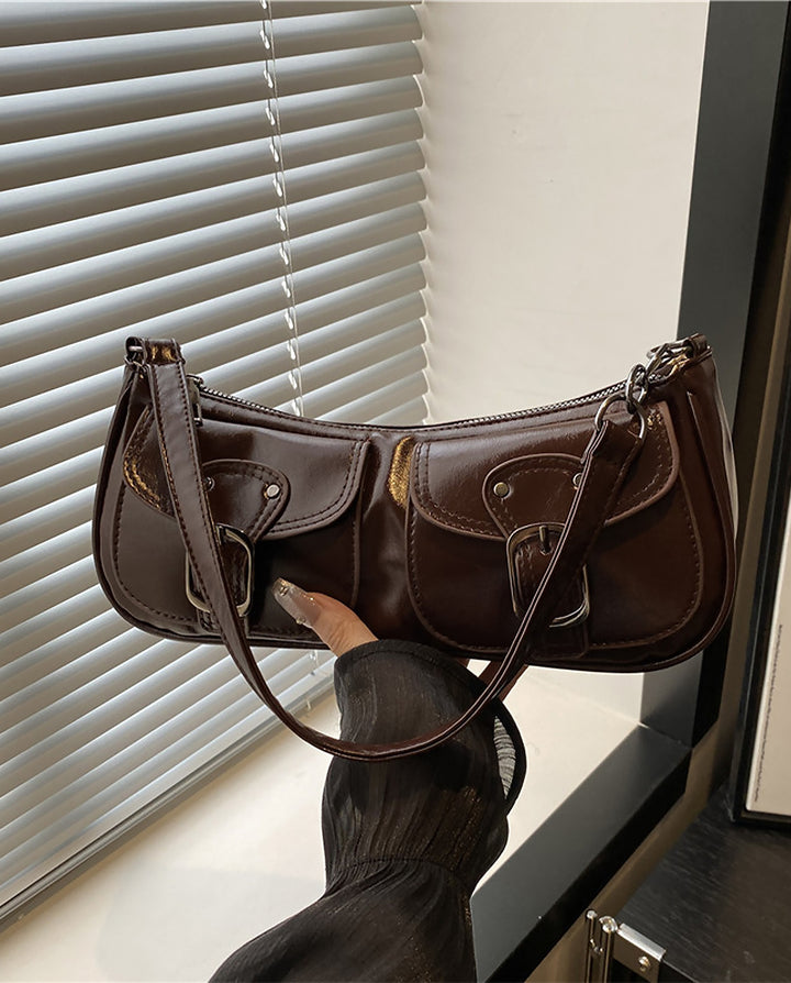 Vintage Brown Faux Leather Baguette Shoulder Bag With Double Buckle Pockets