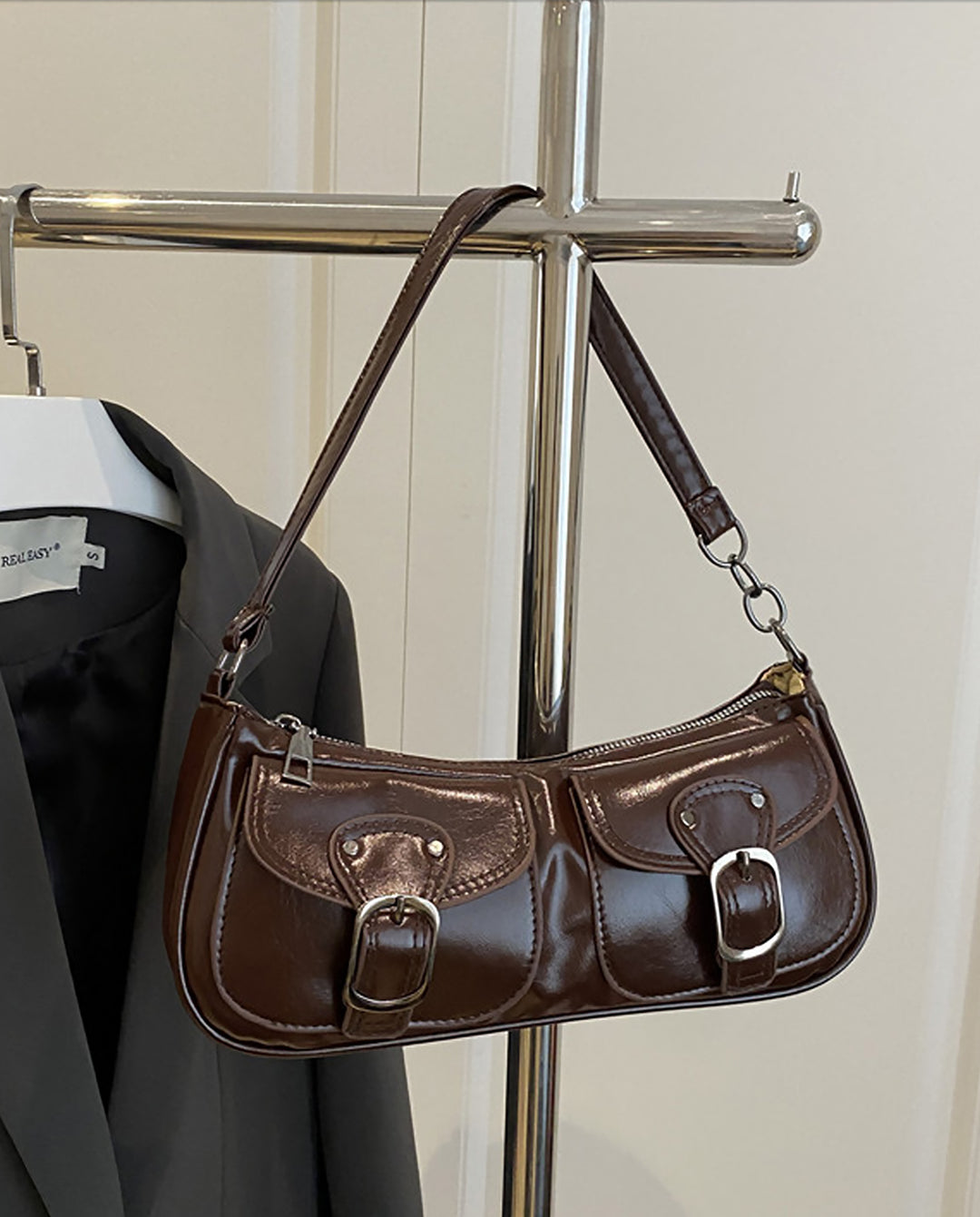 Vintage Brown Faux Leather Baguette Shoulder Bag With Double Buckle Pockets