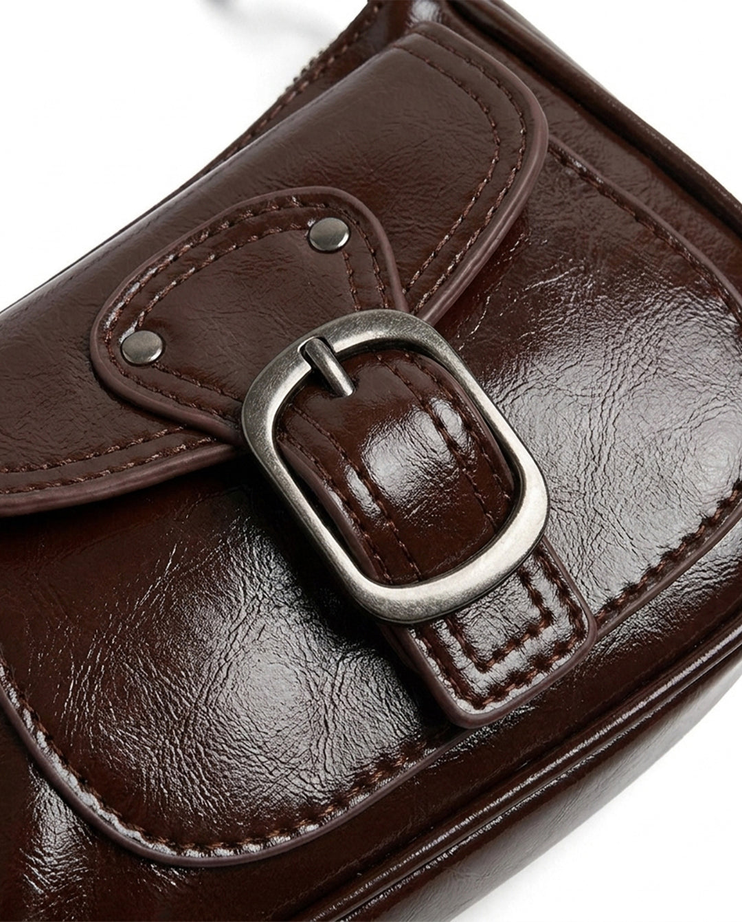 Vintage Brown Faux Leather Baguette Shoulder Bag With Double Buckle Pockets