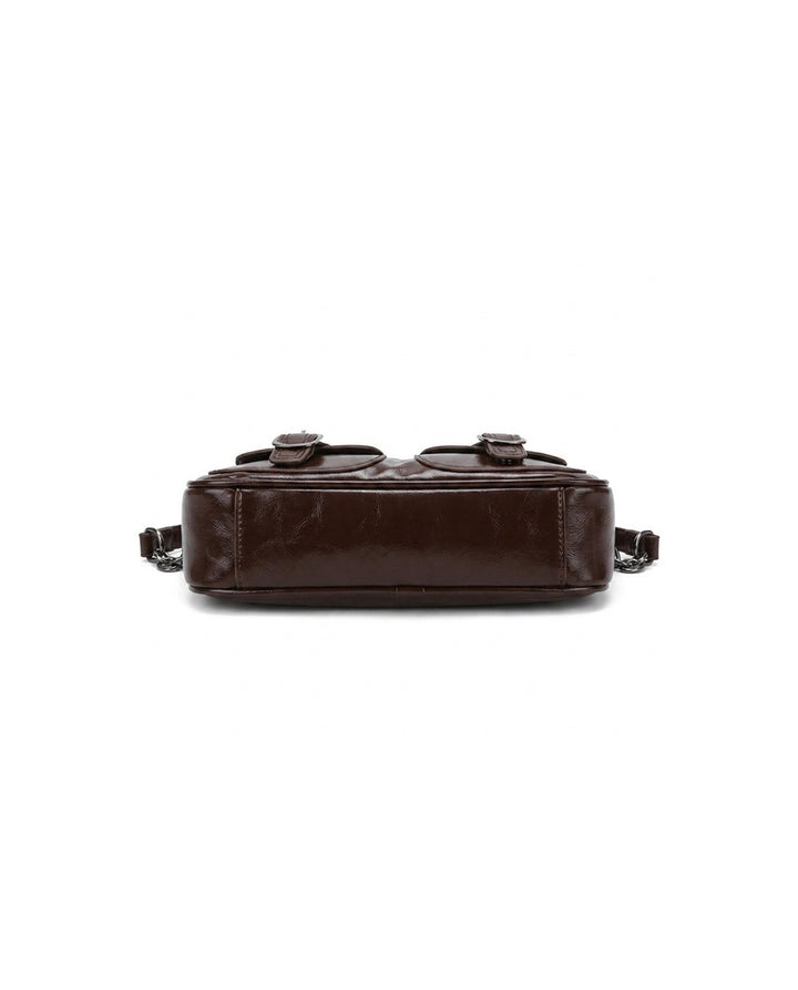 Vintage Brown Faux Leather Baguette Shoulder Bag With Double Buckle Pockets