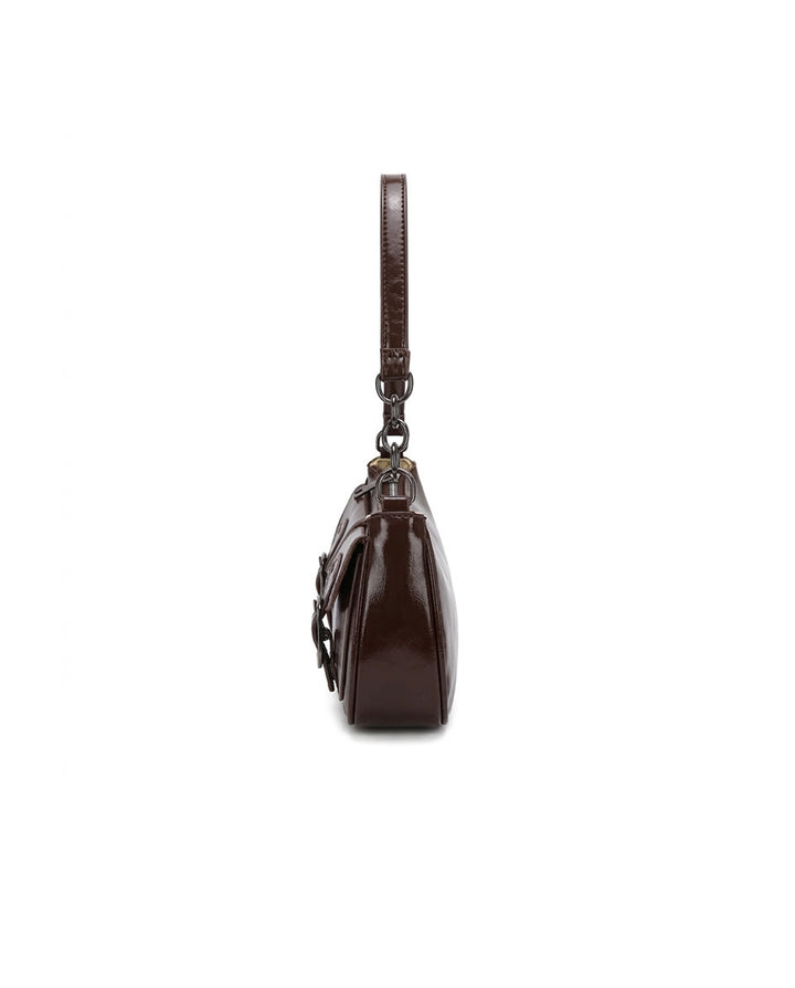 Vintage Brown Faux Leather Baguette Shoulder Bag With Double Buckle Pockets