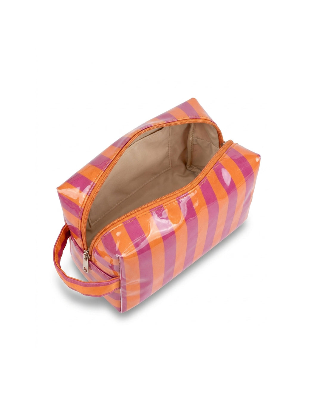 Orange Magenta Striped Waterproof Cosmetic Bag With Carry Handle