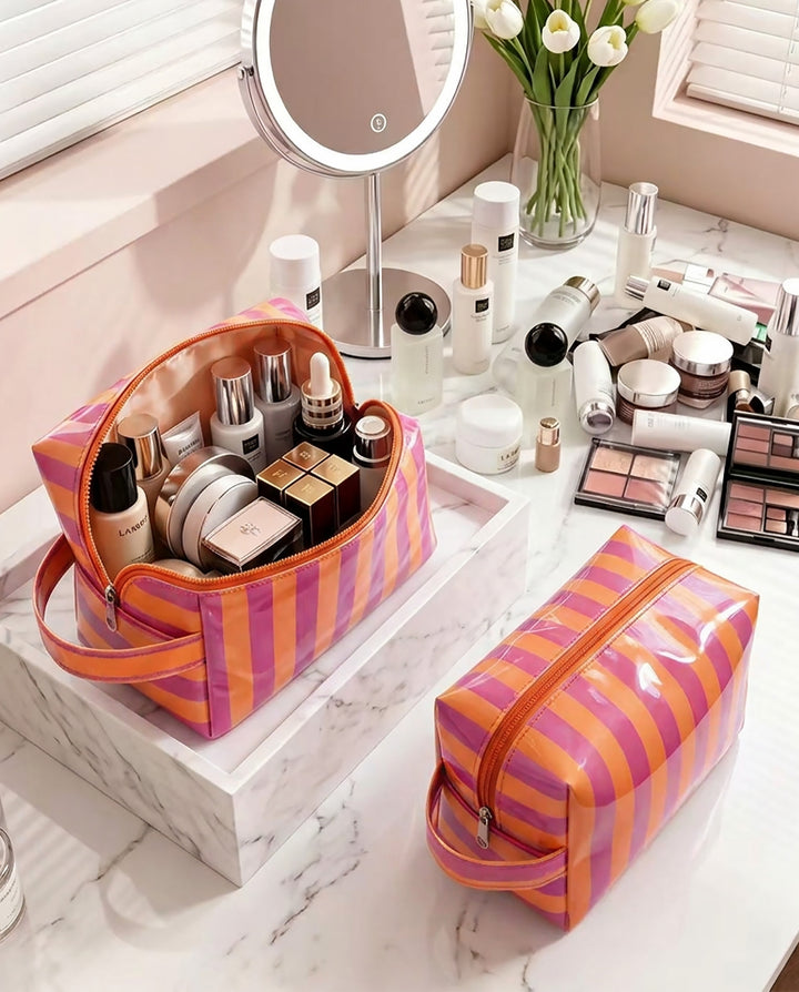 Orange Magenta Striped Waterproof Cosmetic Bag With Carry Handle