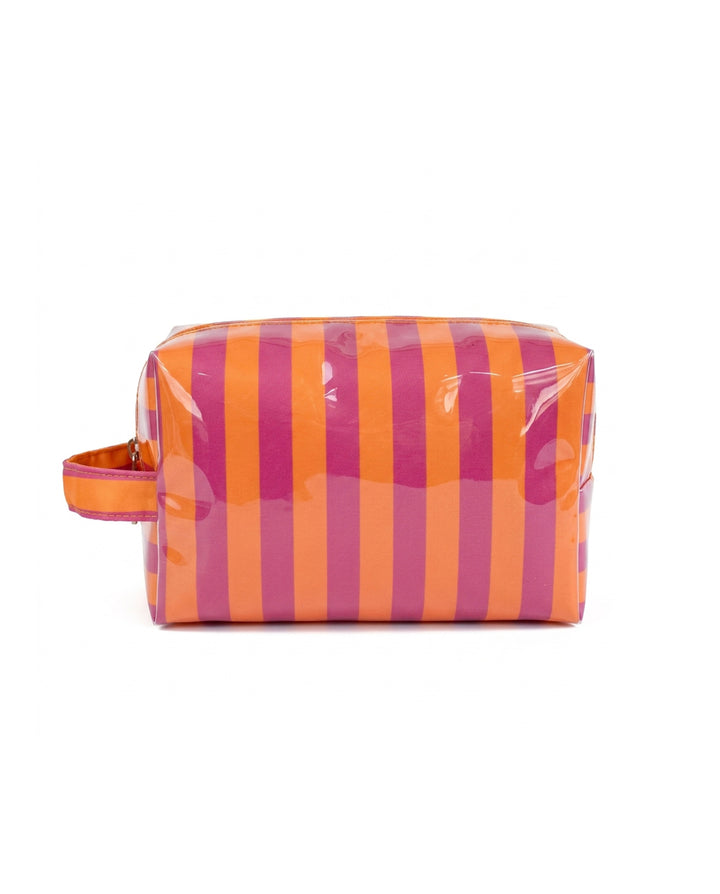 Orange Magenta Striped Waterproof Cosmetic Bag With Carry Handle