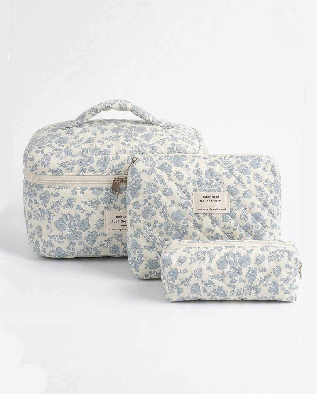 Blue Floral Quilted Cosmetic Bag Set 3 Pieces Travel Makeup Organizer Pouches
