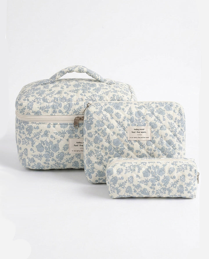Blue Floral Quilted Cosmetic Bag Set 3 Pieces Travel Makeup Organizer Pouches