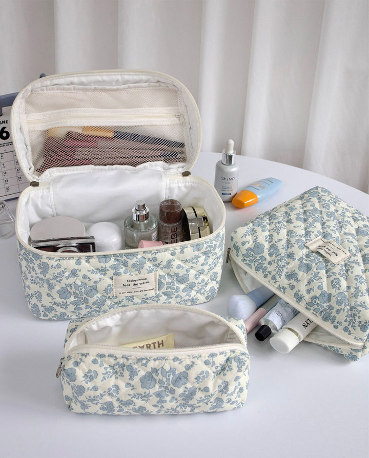 Blue Floral Quilted Cosmetic Bag Set 3 Pieces Travel Makeup Organizer Pouches