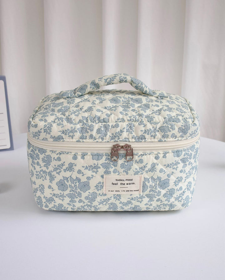 Blue Floral Quilted Cosmetic Bag Set 3 Pieces Travel Makeup Organizer Pouches