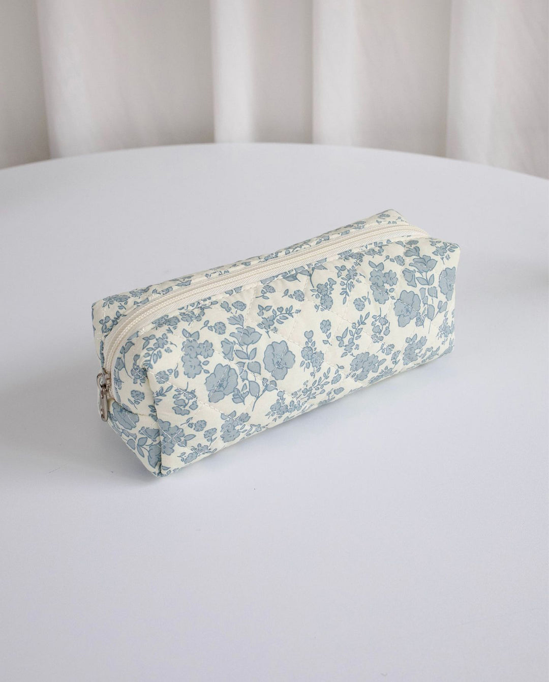 Blue Floral Quilted Cosmetic Bag Set 3 Pieces Travel Makeup Organizer Pouches