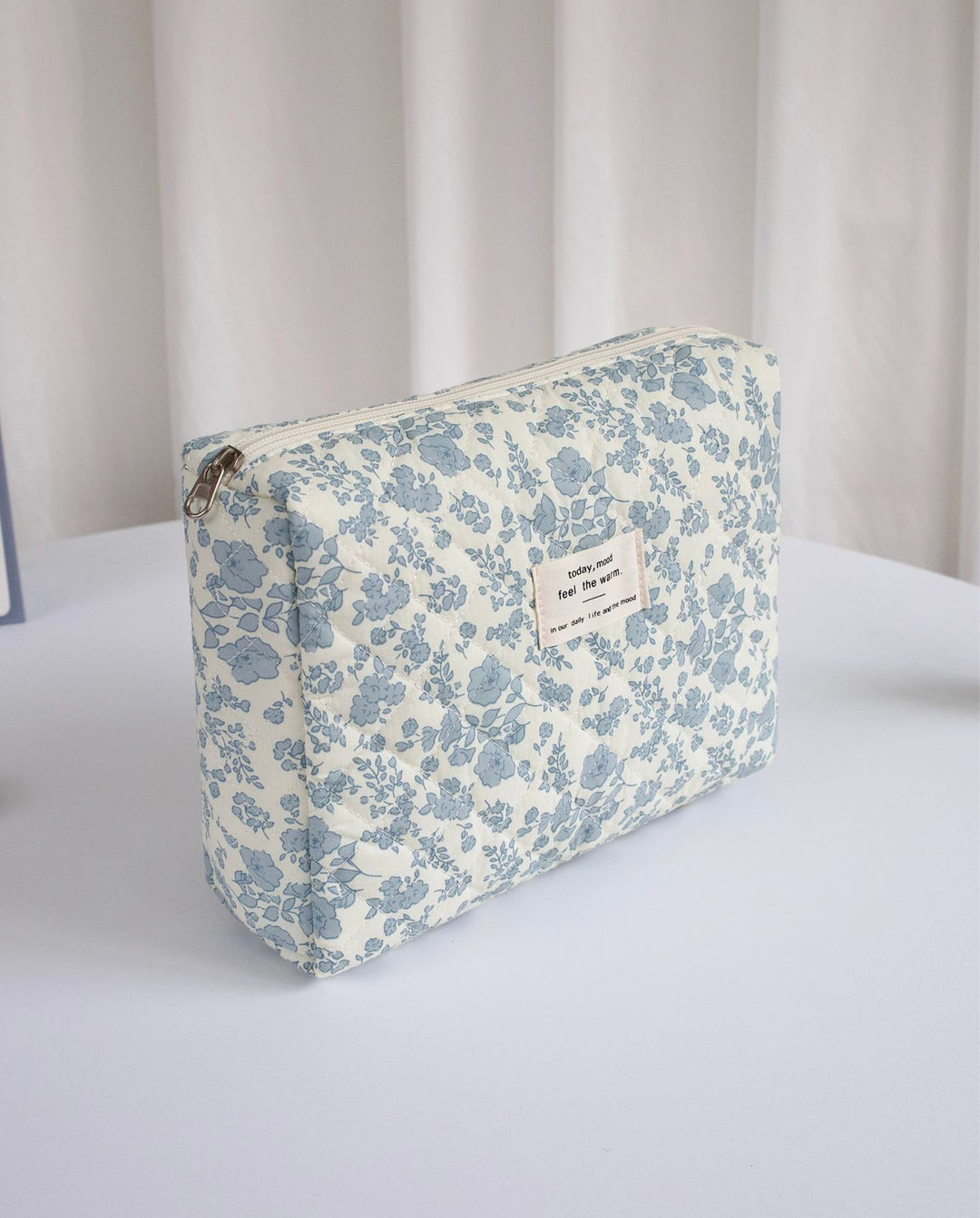 Blue Floral Quilted Cosmetic Bag Set 3 Pieces Travel Makeup Organizer Pouches