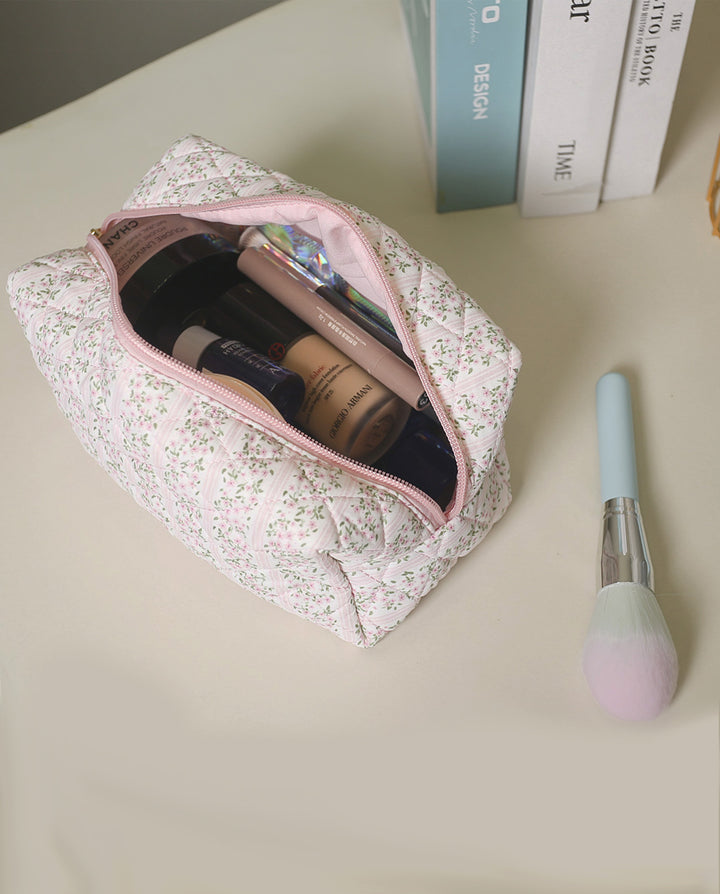 Pink Ditsy Floral Quilted Cosmetic Makeup Pouch