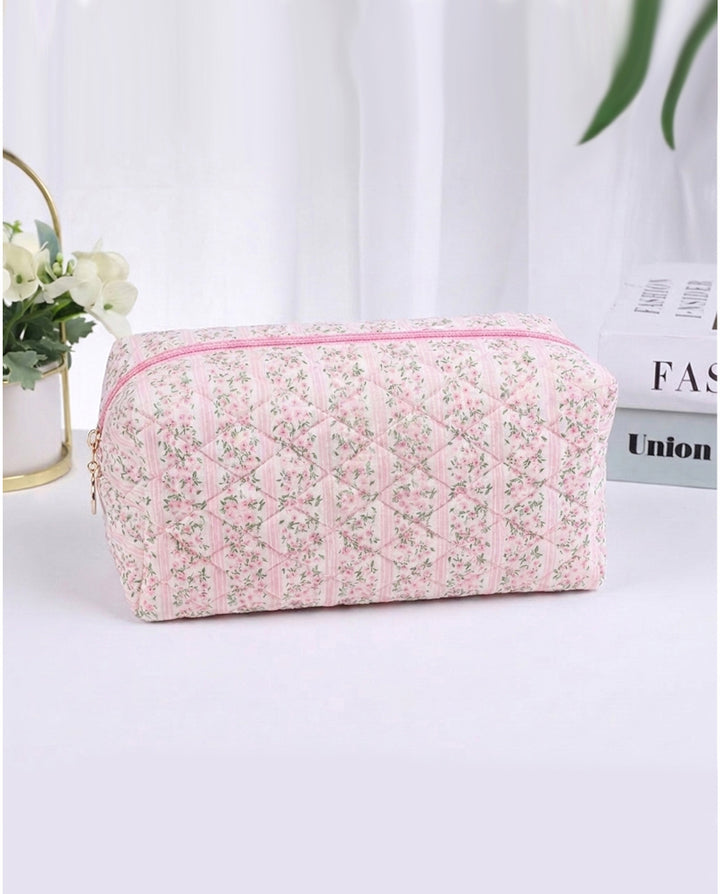 Pink Ditsy Floral Quilted Cosmetic Makeup Pouch