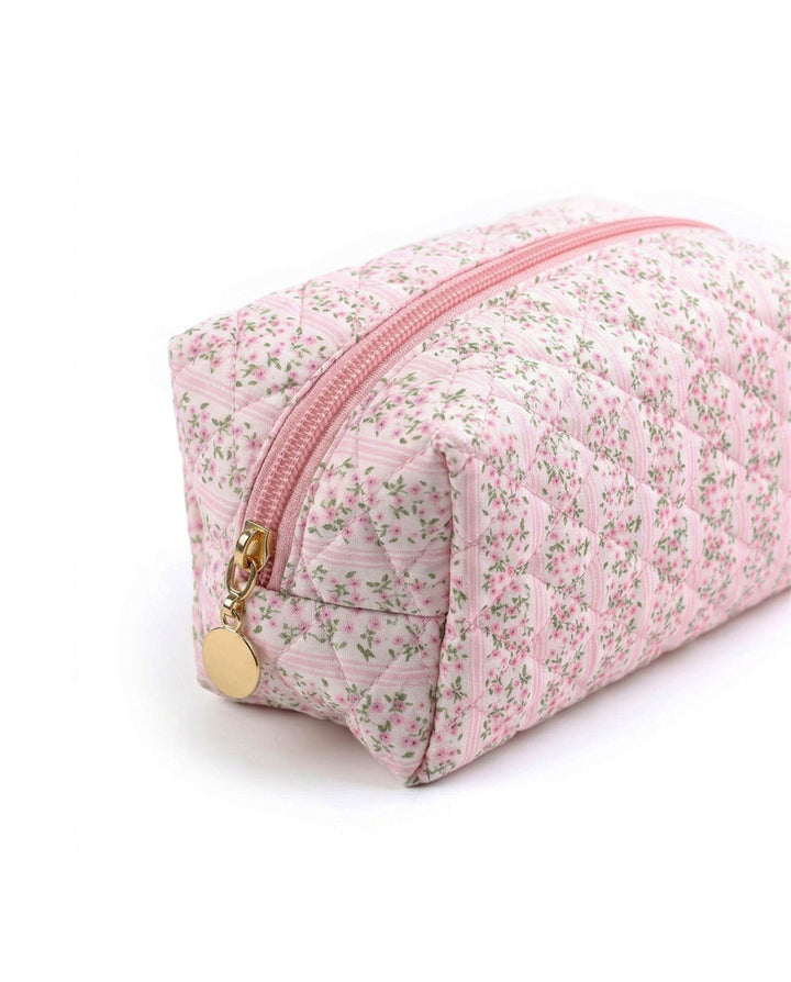 Pink Ditsy Floral Quilted Cosmetic Makeup Pouch