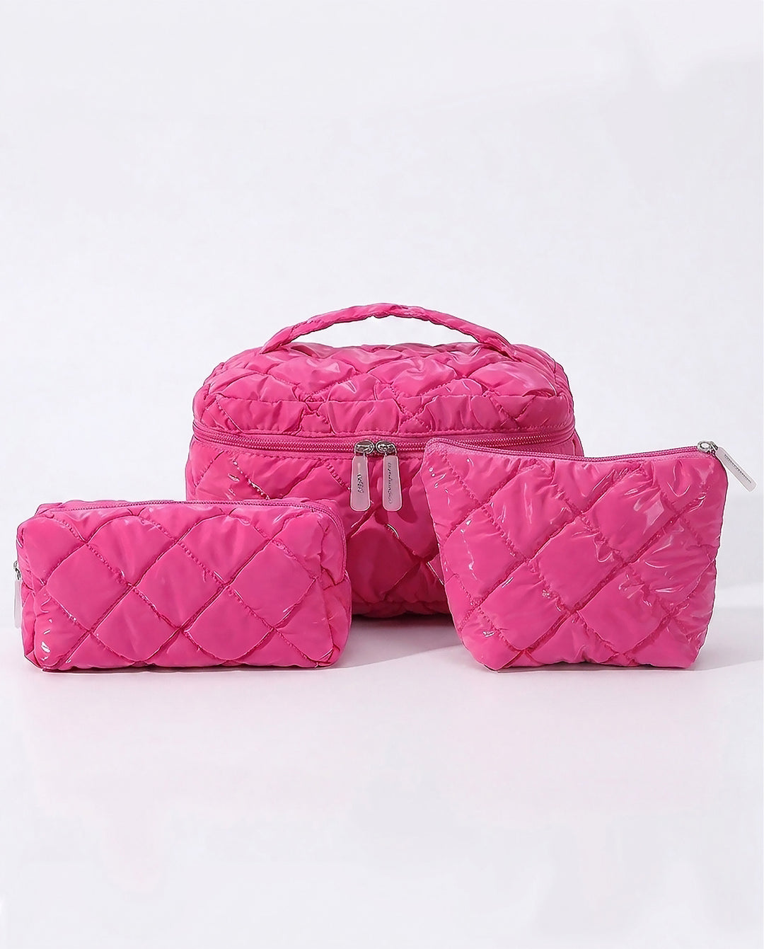 Hot Pink Diamond Quilted 3 Piece Cosmetic Bag Set Travel Makeup Pouches