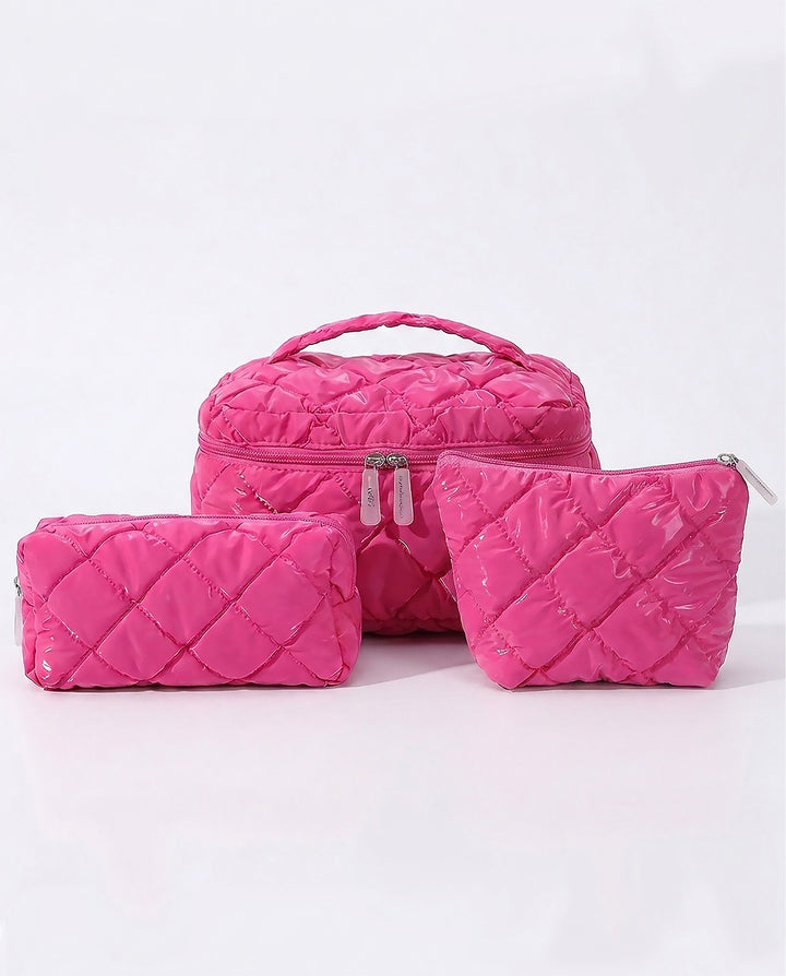 Hot Pink Diamond Quilted 3 Piece Cosmetic Bag Set Travel Makeup Pouches