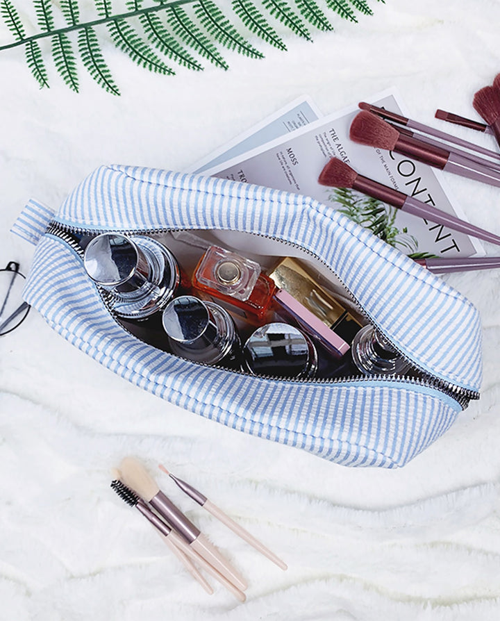Light Blue White Vertical Stripe Quilted Cosmetic Makeup Pouch