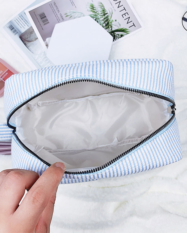 Light Blue White Vertical Stripe Quilted Cosmetic Makeup Pouch