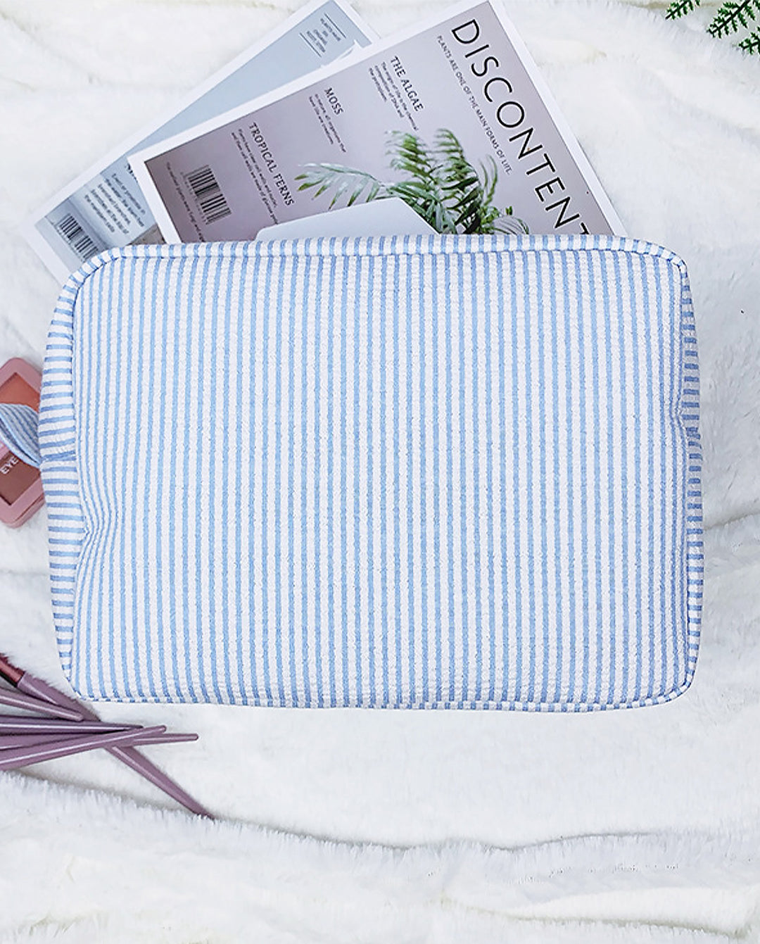 Light Blue White Vertical Stripe Quilted Cosmetic Makeup Pouch