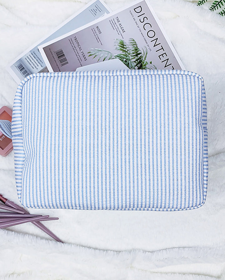Light Blue White Vertical Stripe Quilted Cosmetic Makeup Pouch