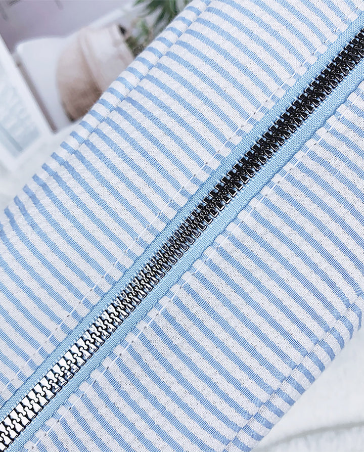 Light Blue White Vertical Stripe Quilted Cosmetic Makeup Pouch