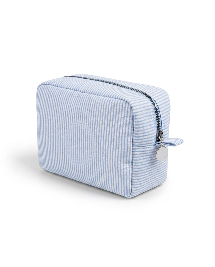 Light Blue White Vertical Stripe Quilted Cosmetic Makeup Pouch