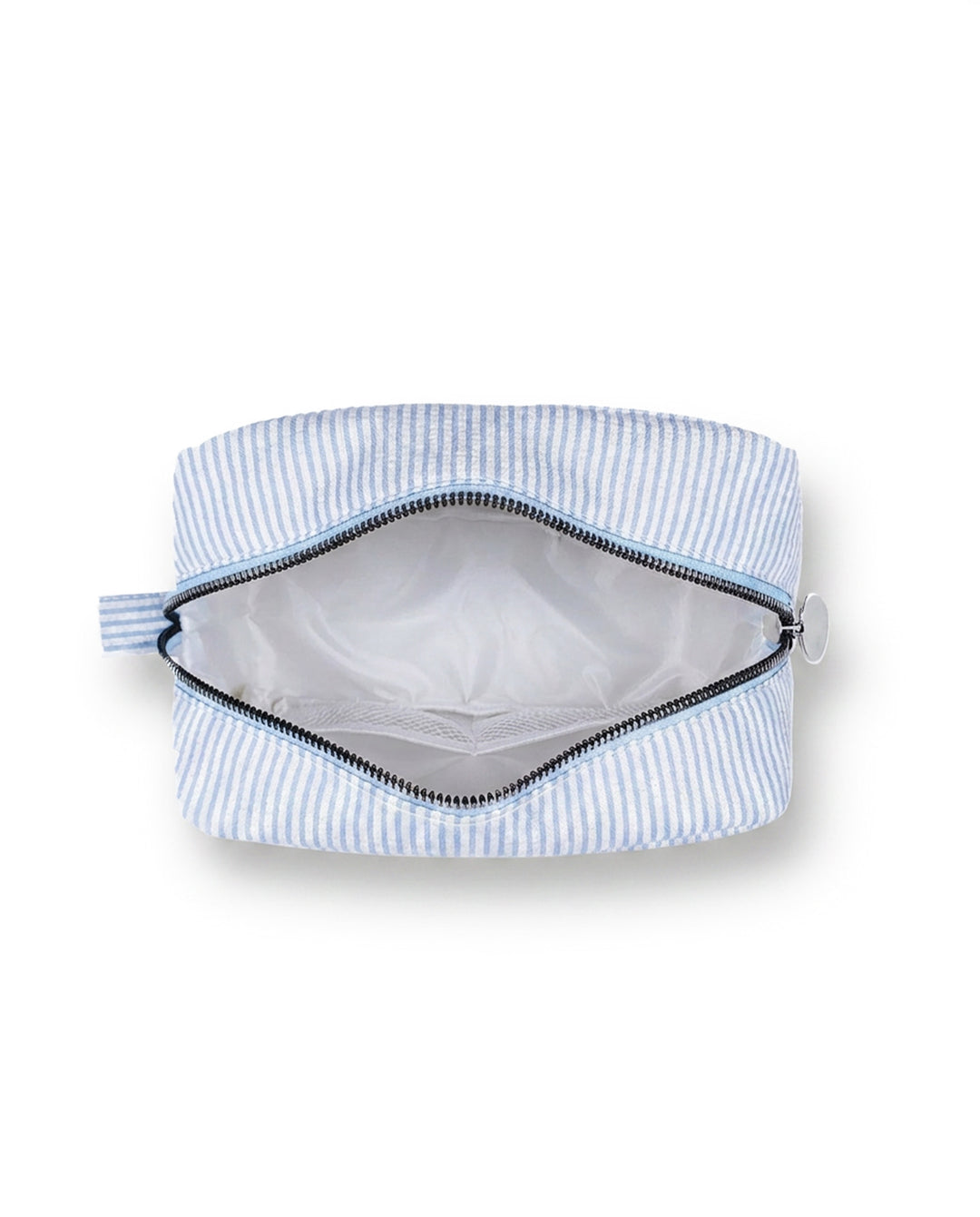 Light Blue White Vertical Stripe Quilted Cosmetic Makeup Pouch
