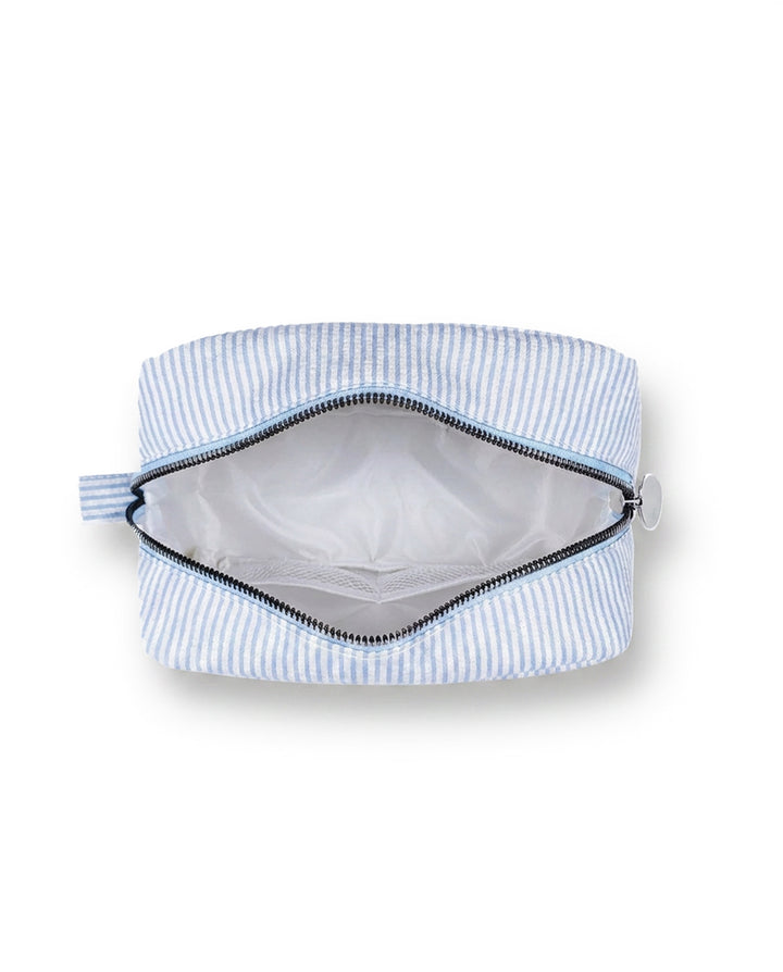 Light Blue White Vertical Stripe Quilted Cosmetic Makeup Pouch