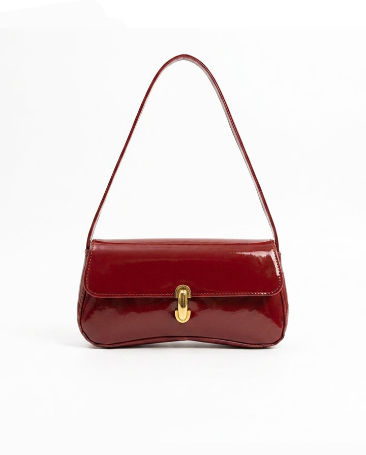 Wine Red Patent Leather Baguette Shoulder Bag With Gold Turn Lock