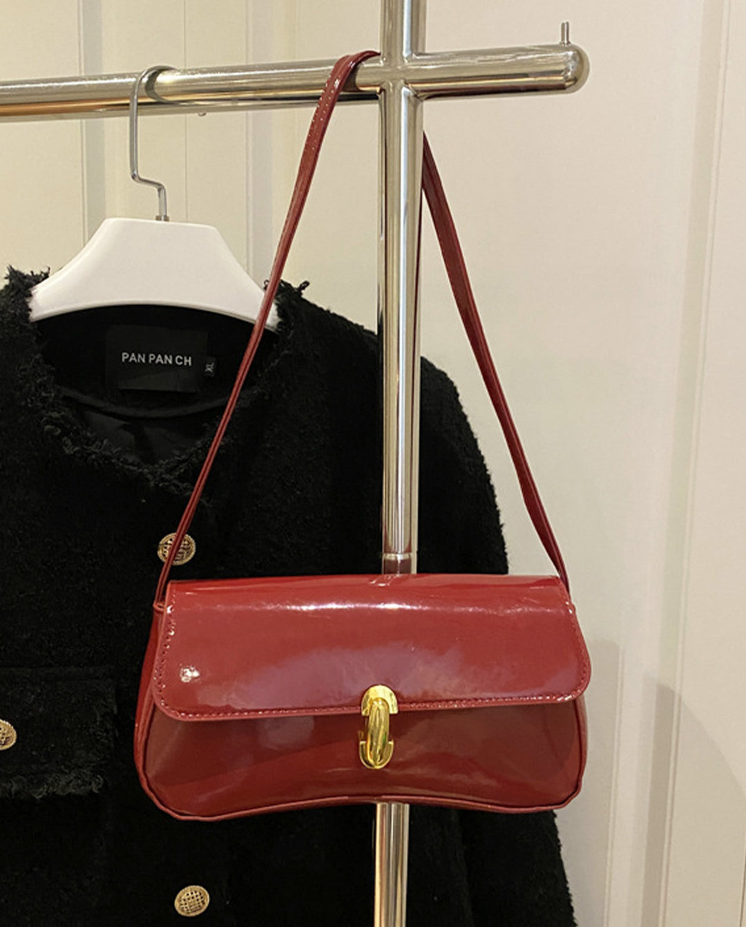 Wine Red Patent Leather Baguette Shoulder Bag With Gold Turn Lock