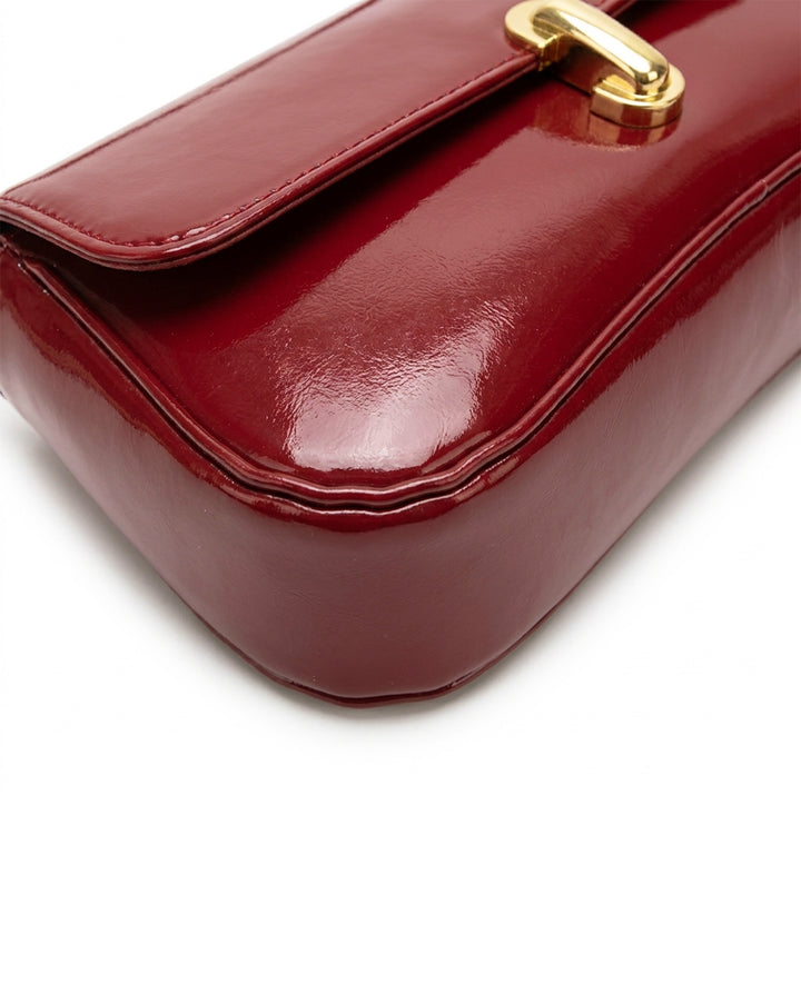 Wine Red Patent Leather Baguette Shoulder Bag With Gold Turn Lock
