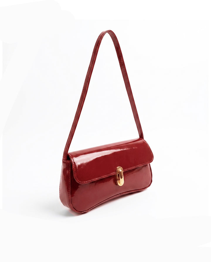 Wine Red Patent Leather Baguette Shoulder Bag With Gold Turn Lock