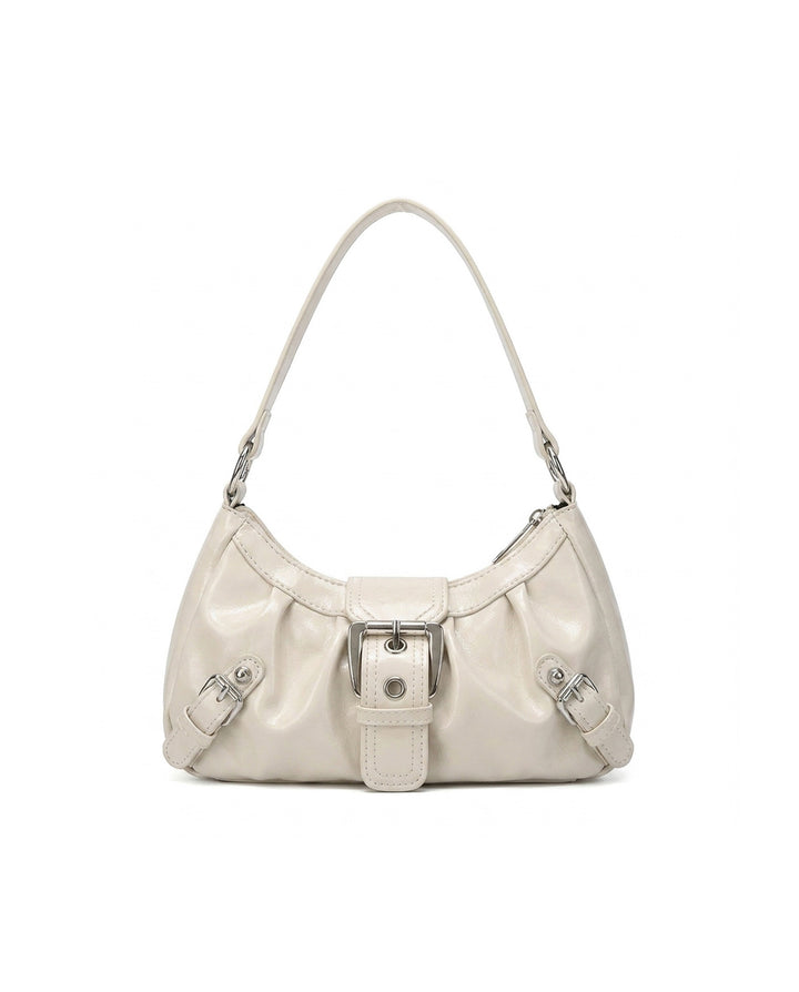 Cream White Ruched Hobo Shoulder Bag Silver Buckle Y2K Underarm Handbag