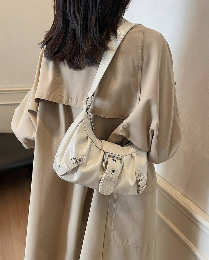 Cream White Ruched Hobo Shoulder Bag Silver Buckle Y2K Underarm Handbag