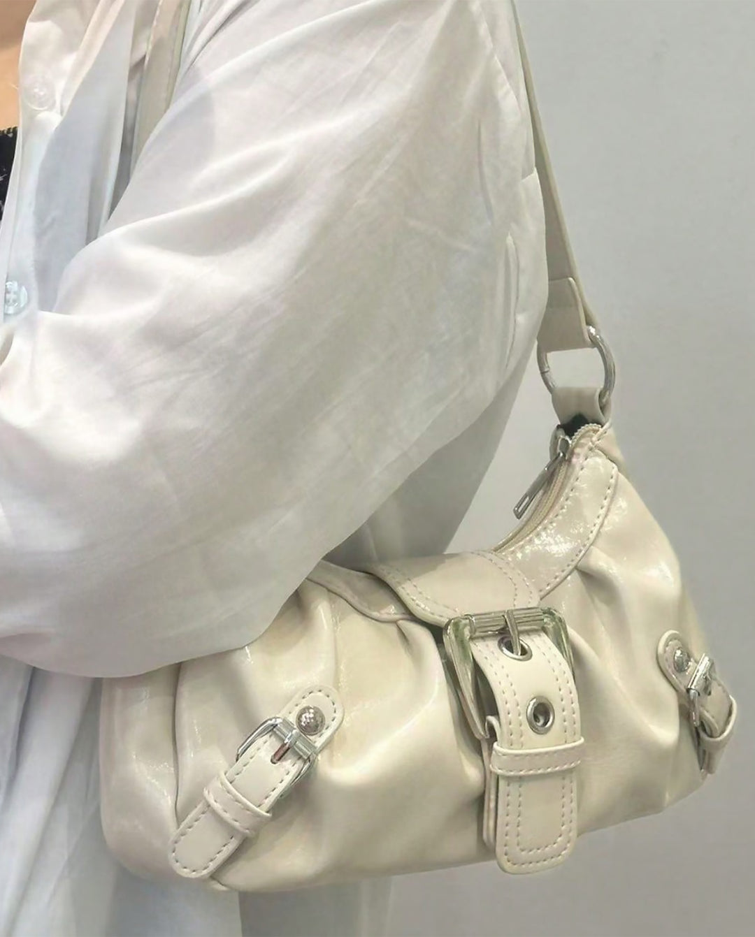 Cream White Ruched Hobo Shoulder Bag Silver Buckle Y2K Underarm Handbag