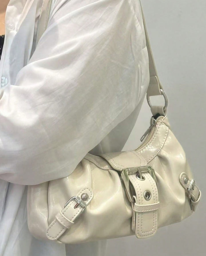 Cream White Ruched Hobo Shoulder Bag Silver Buckle Y2K Underarm Handbag
