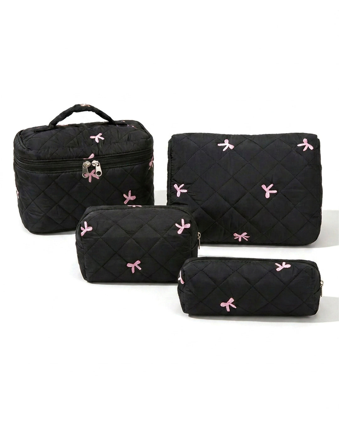 Black Quilted 4‑Piece Cosmetic Bag Set With Pink Bow Embroidery Travel Makeup Pouches