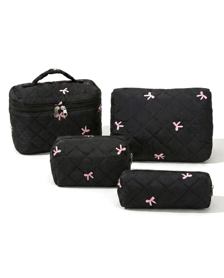 Black Quilted 4‑Piece Cosmetic Bag Set With Pink Bow Embroidery Travel Makeup Pouches