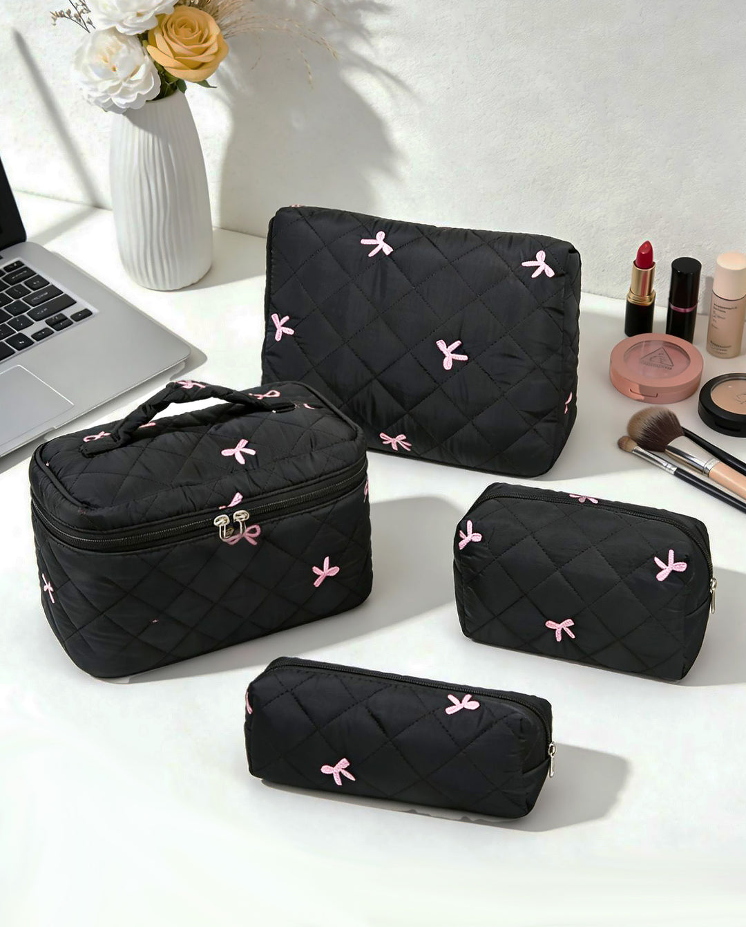Black Quilted 4‑Piece Cosmetic Bag Set With Pink Bow Embroidery Travel Makeup Pouches