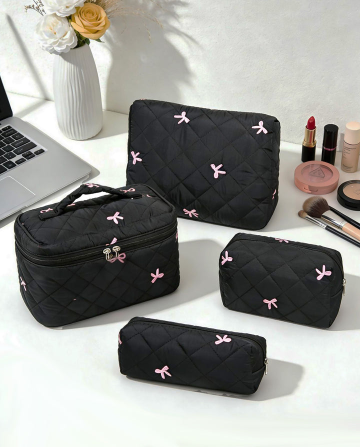 Black Quilted 4‑Piece Cosmetic Bag Set With Pink Bow Embroidery Travel Makeup Pouches