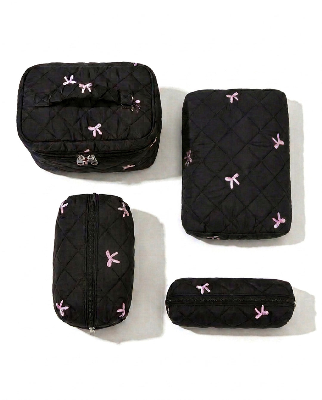 Black Quilted 4‑Piece Cosmetic Bag Set With Pink Bow Embroidery Travel Makeup Pouches