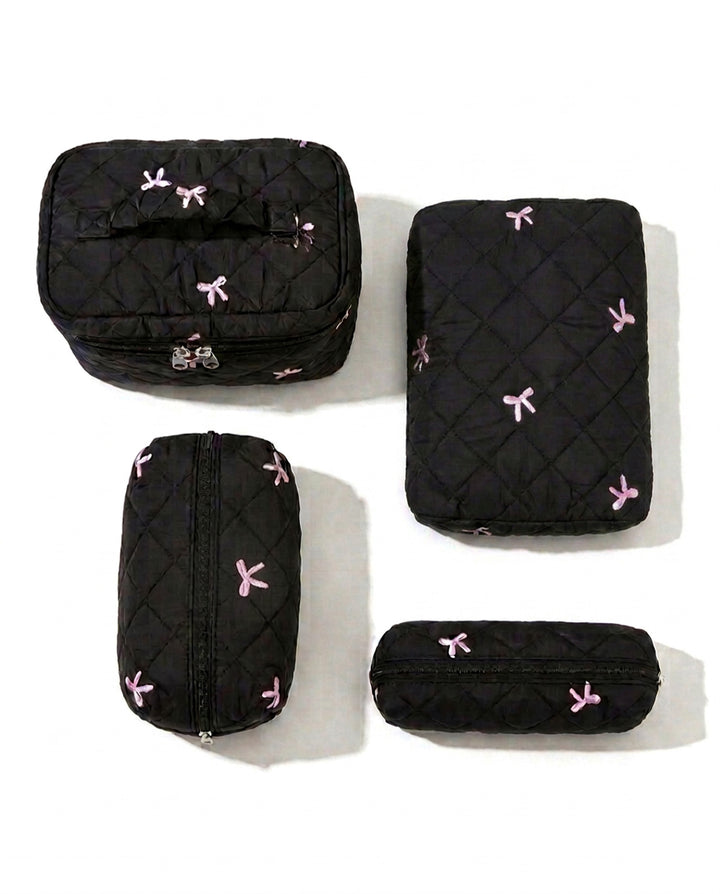 Black Quilted 4‑Piece Cosmetic Bag Set With Pink Bow Embroidery Travel Makeup Pouches