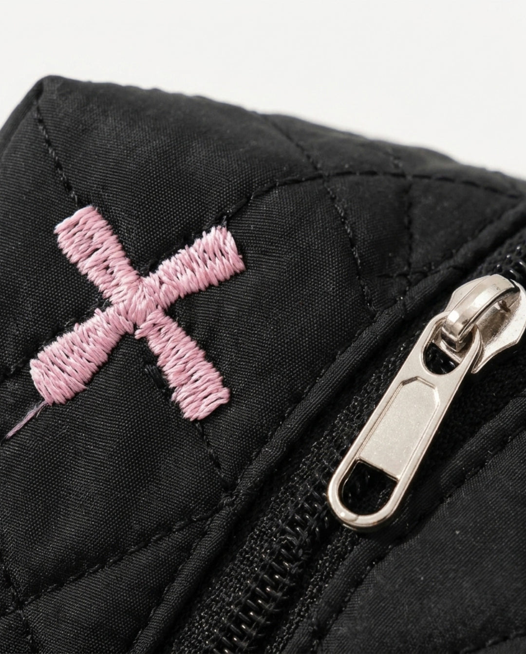 Black Quilted 4‑Piece Cosmetic Bag Set With Pink Bow Embroidery Travel Makeup Pouches