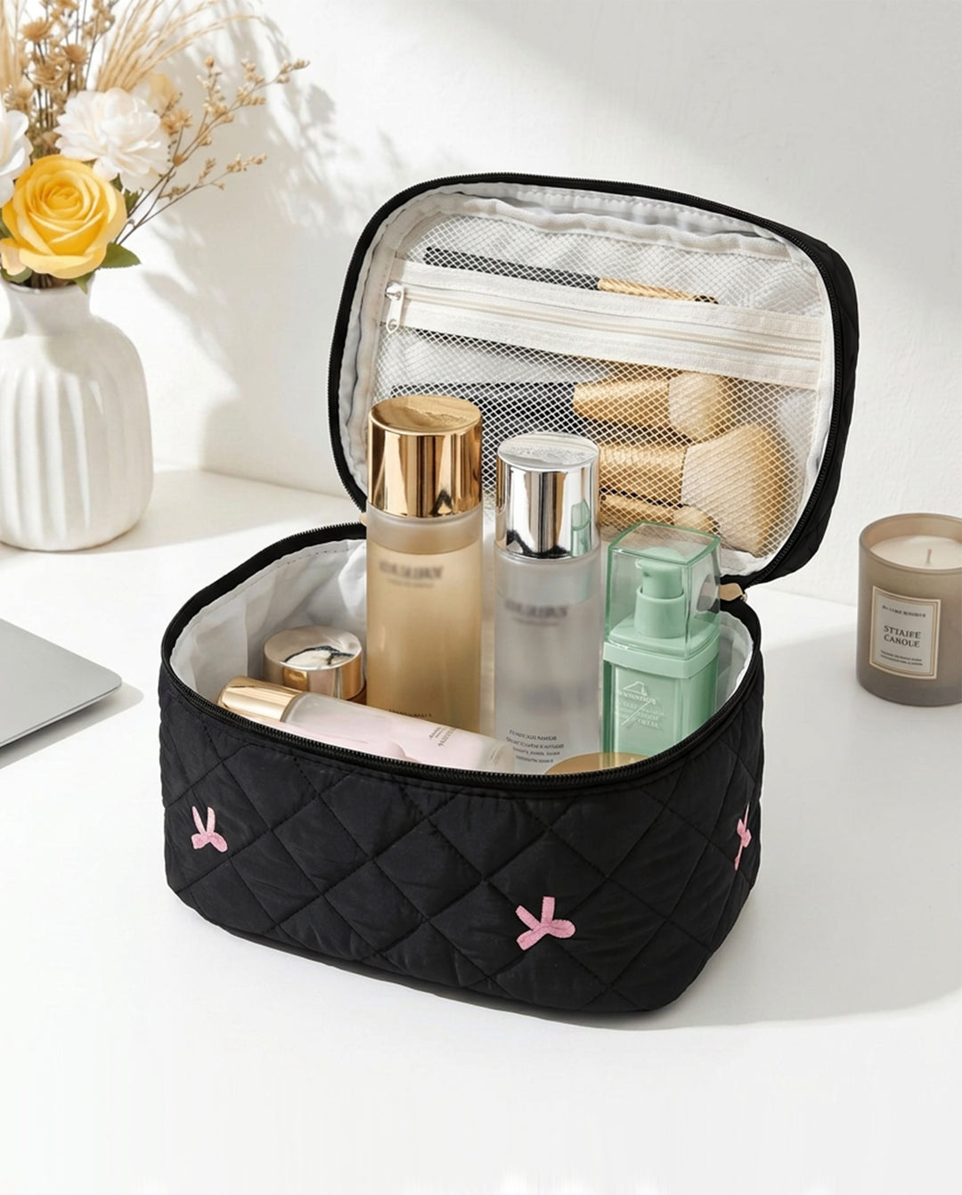 Black Quilted 4‑Piece Cosmetic Bag Set With Pink Bow Embroidery Travel Makeup Pouches