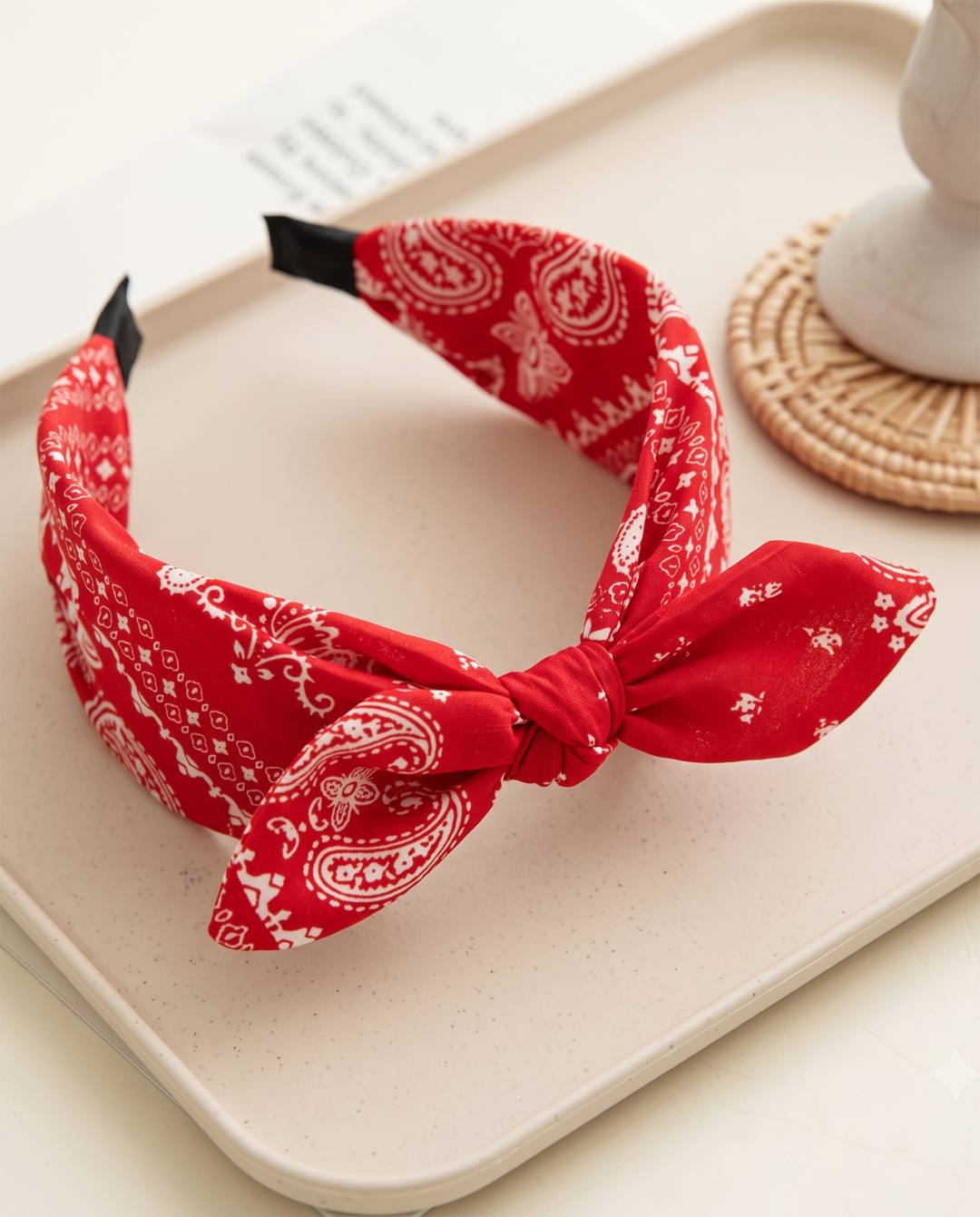 Red Paisley Print Knotted Bow Fabric Headband