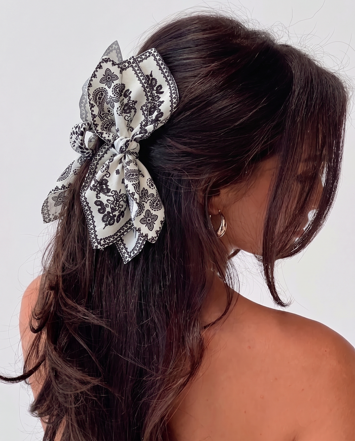 Black Paisley Print Fabric Bow Hair Barrette Clip