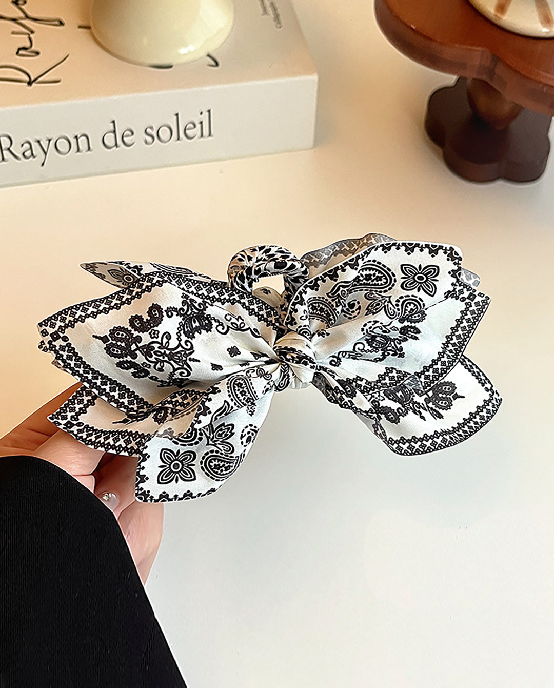Black Paisley Print Fabric Bow Hair Barrette Clip