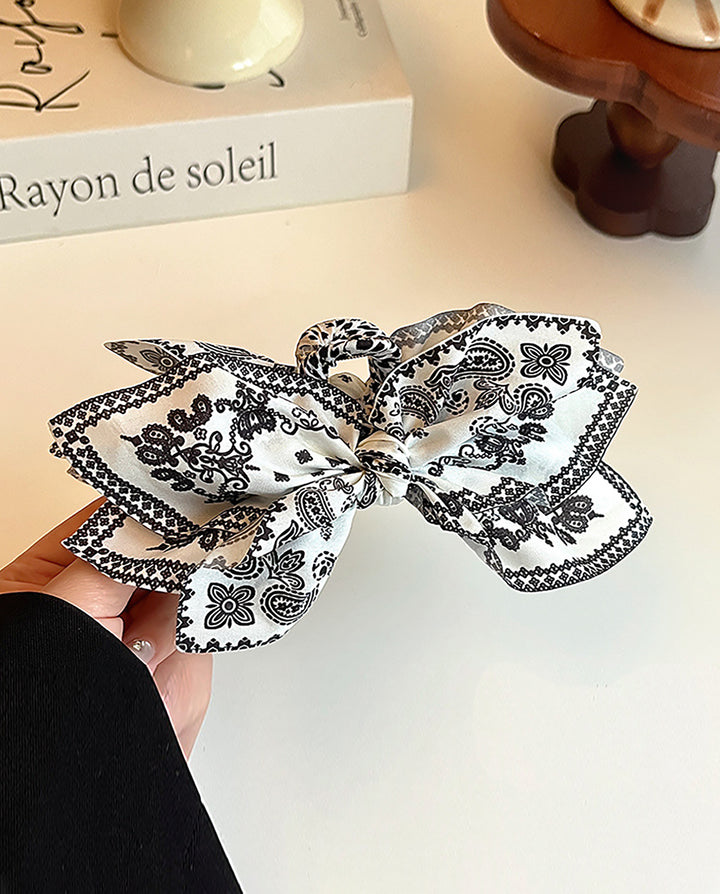 Black Paisley Print Fabric Bow Hair Barrette Clip